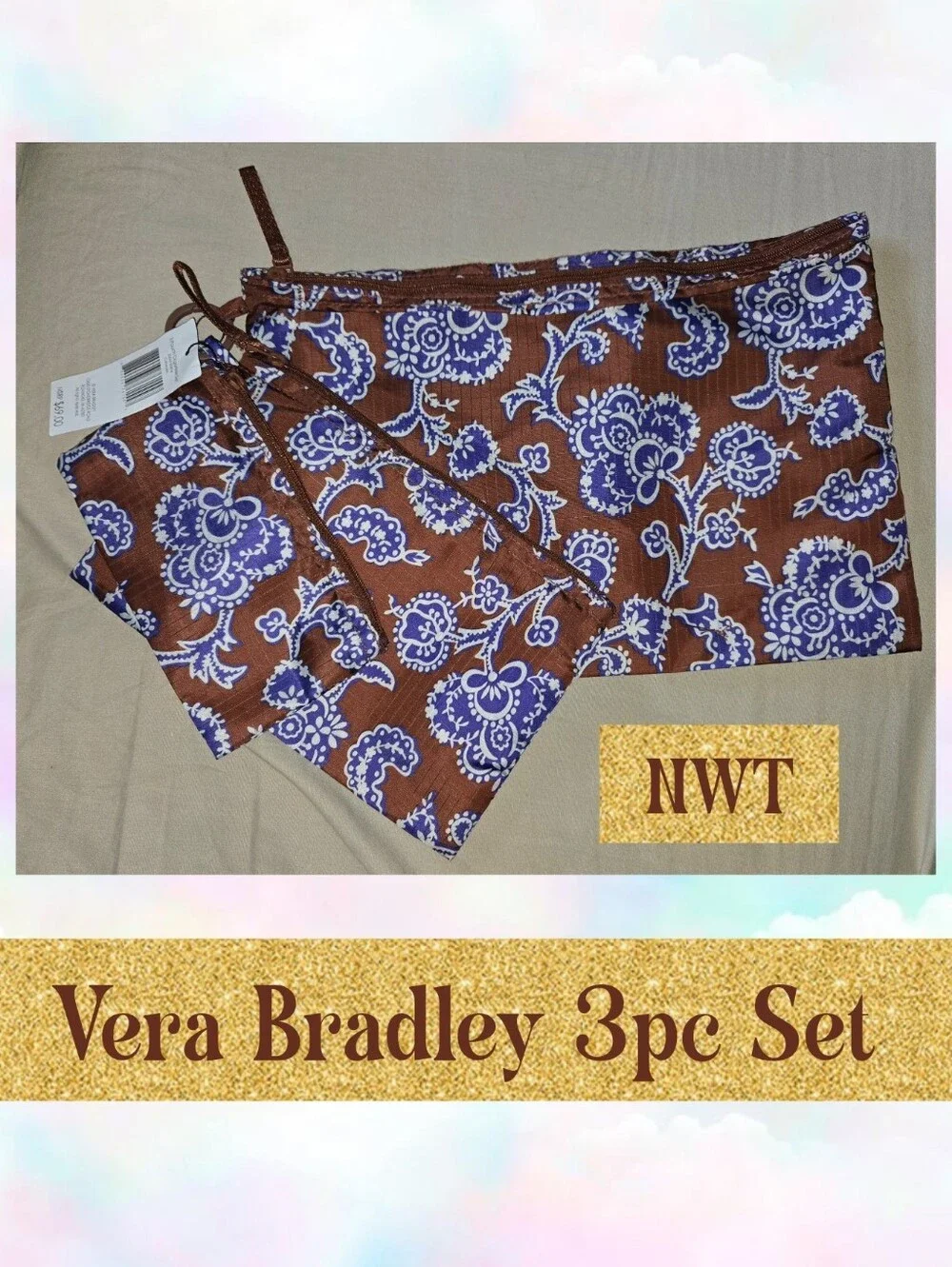 Vera Bradley Brown & Blue Floral 3-Piece Pouch Set